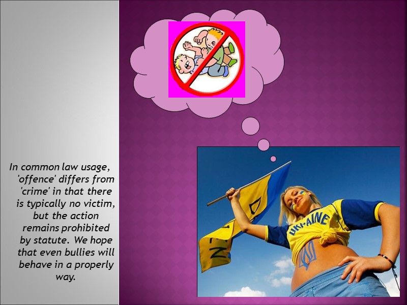 In common law usage, 'offence' differs from 'crime' in that there is typically no In common law usage, 'offence' differs from 'crime' in that there is typically no